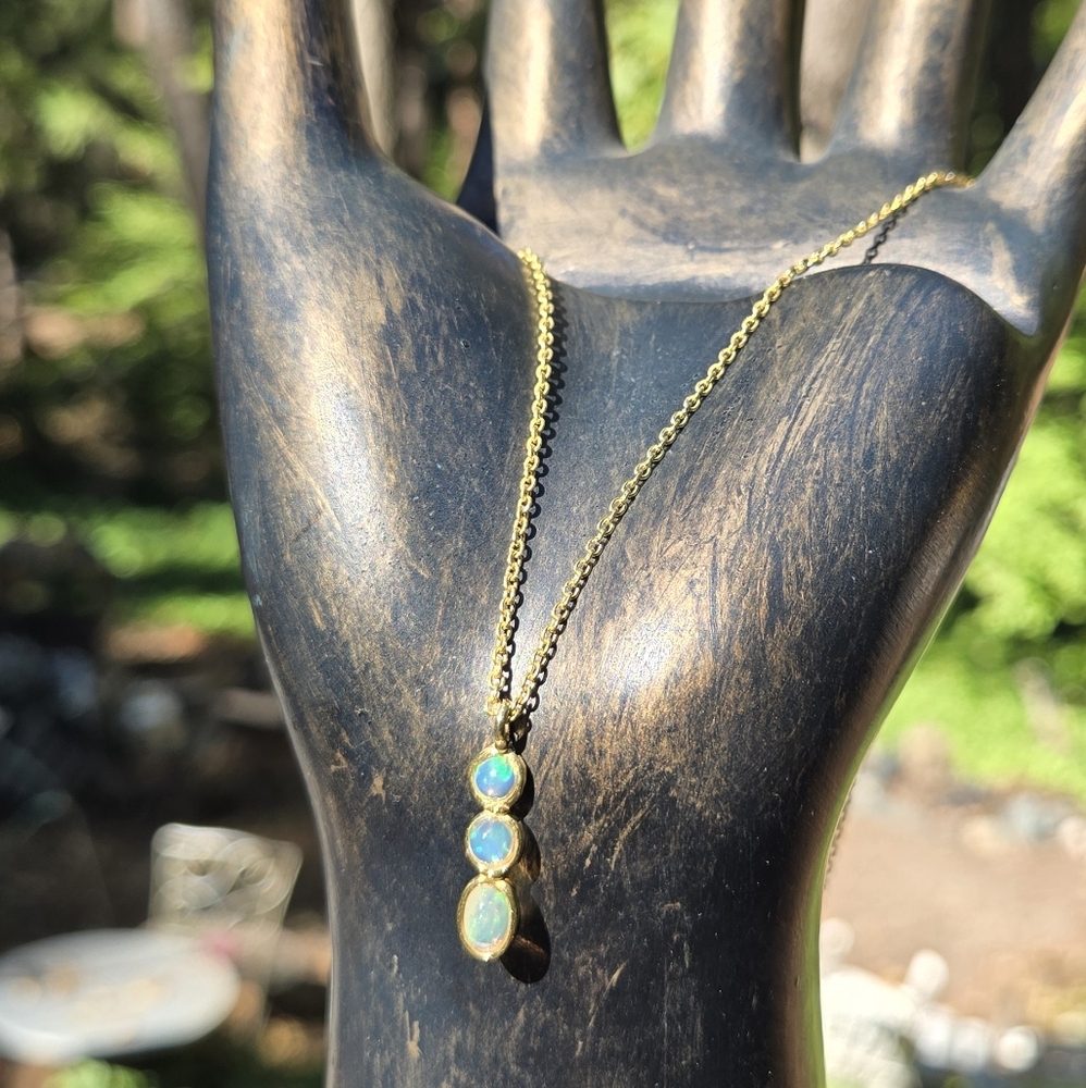 Opal Natural Gemstone Trio Sterling & Gold Necklace Sz24" 5k - Picture 6 of 9